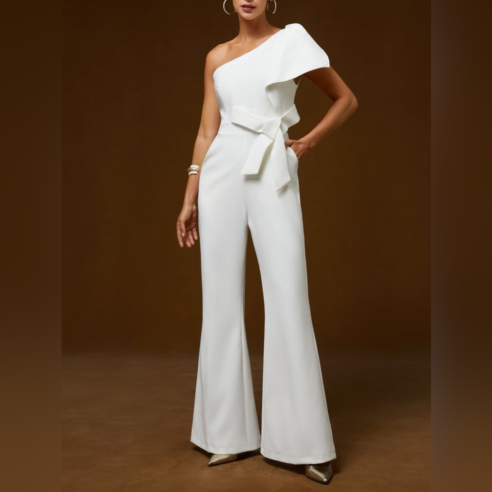 One-Shoulder White Jumpsuit with Waist Tie